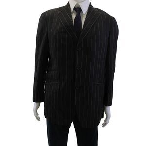 Etro Mens Black Striped Wool Suit Jacket Collared Button Classic Size 50